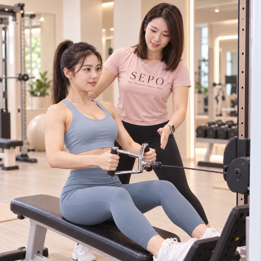 學員在 Cable 機上做划船,教練在旁調整姿勢