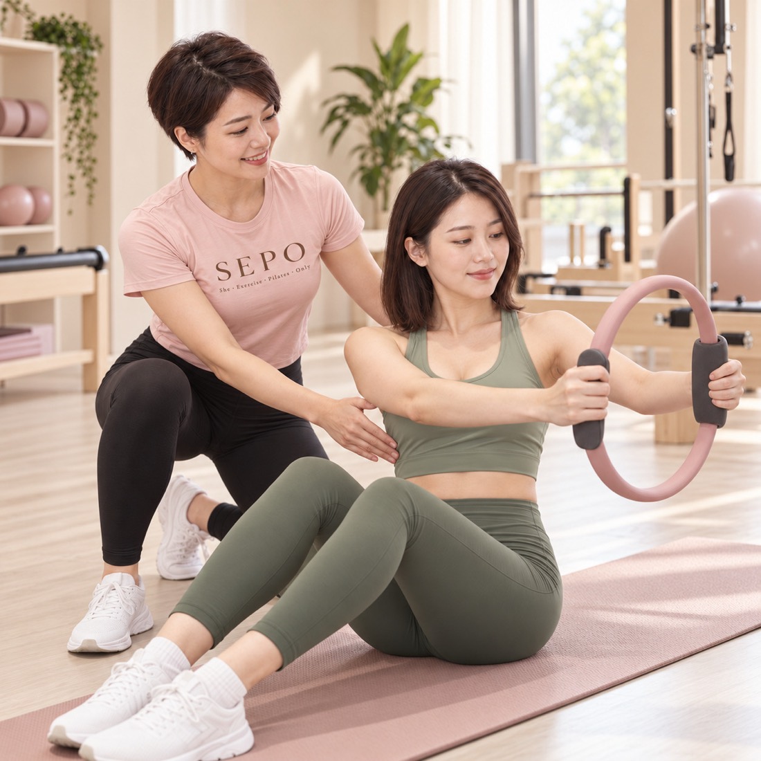 學員在墊上使用皮拉提斯環，教練一對一指導
