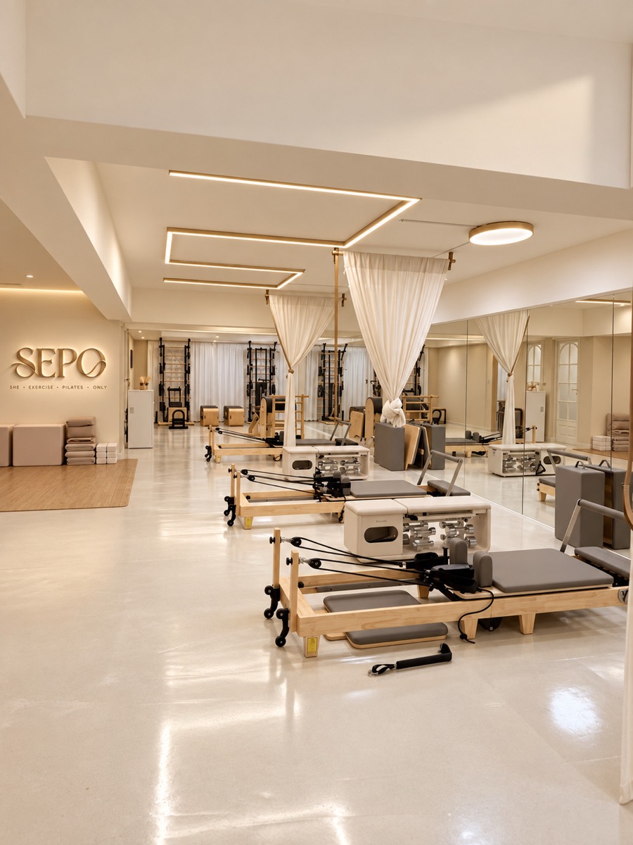 並排的 Reformer 床與白色紗簾