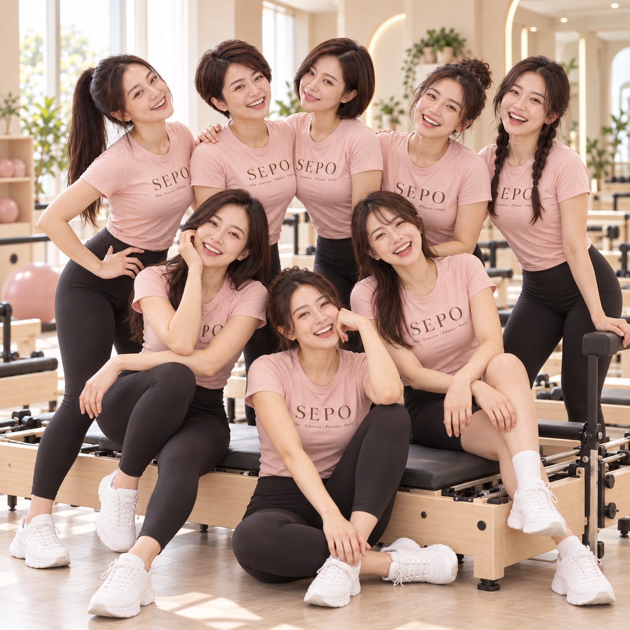 SEPO 全女性教練團隊穿著 SEPO 上衣，在 Reformer 旁的合照